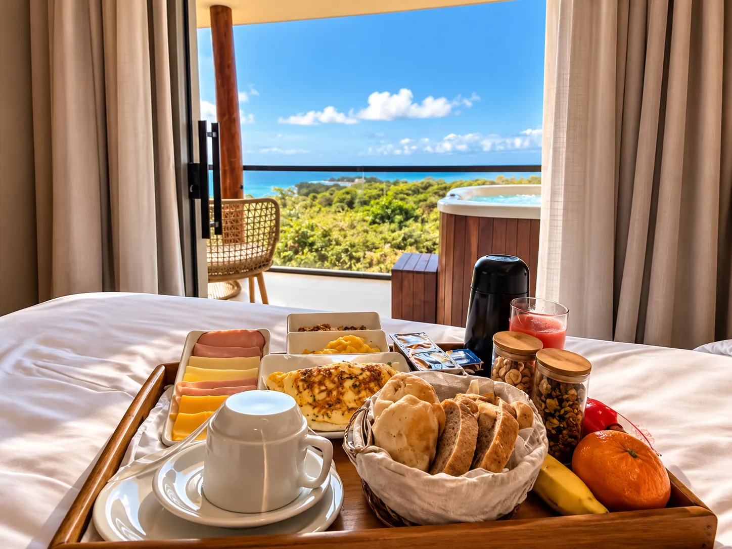 Café da manhã na cama com vista para o mar e hidromassagem