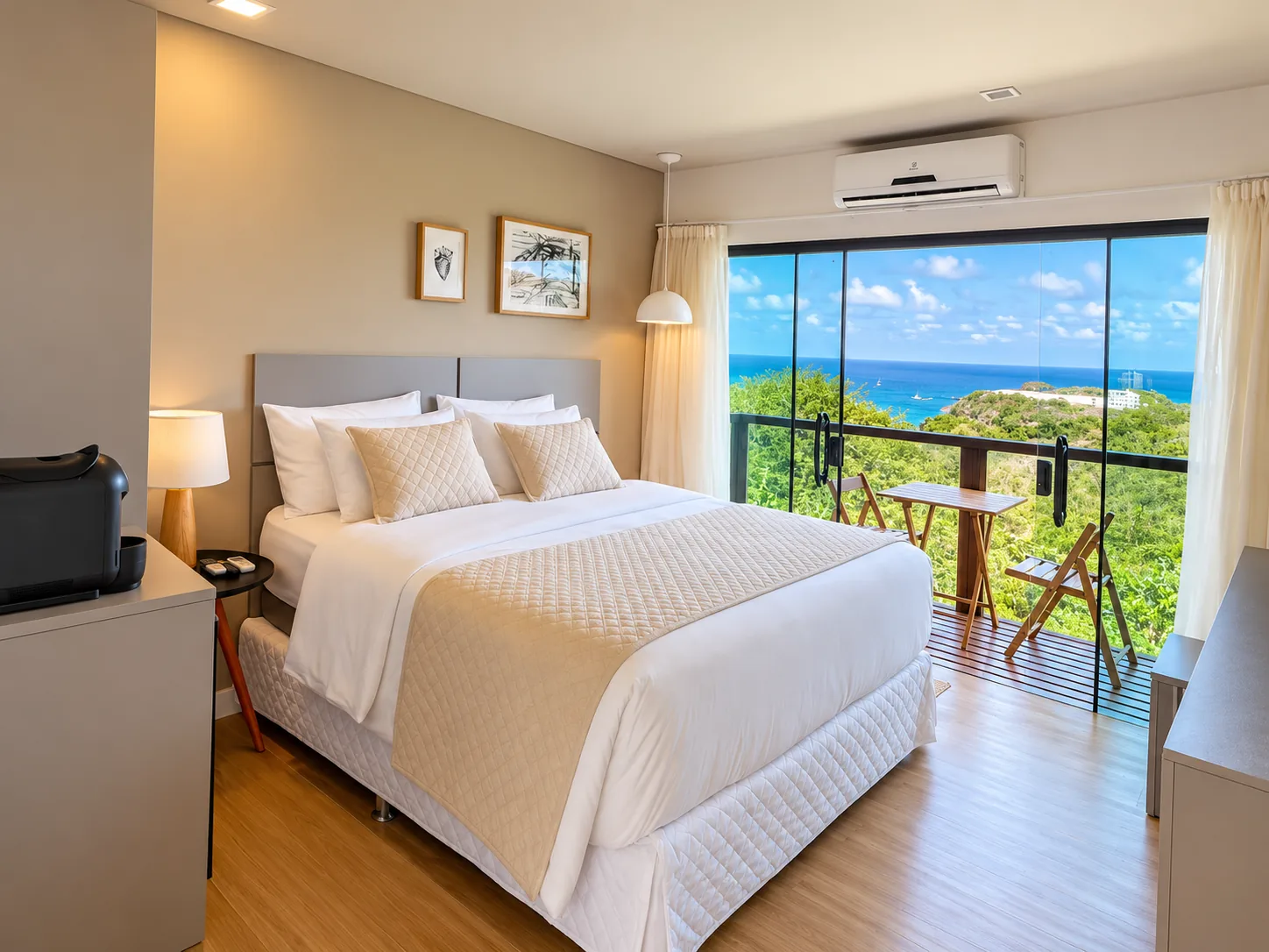 Quarto duplo com varanda e vista para o oceano