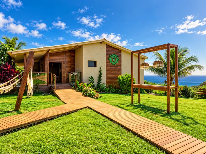 Jardim, passarela de madeira e vista para o mar