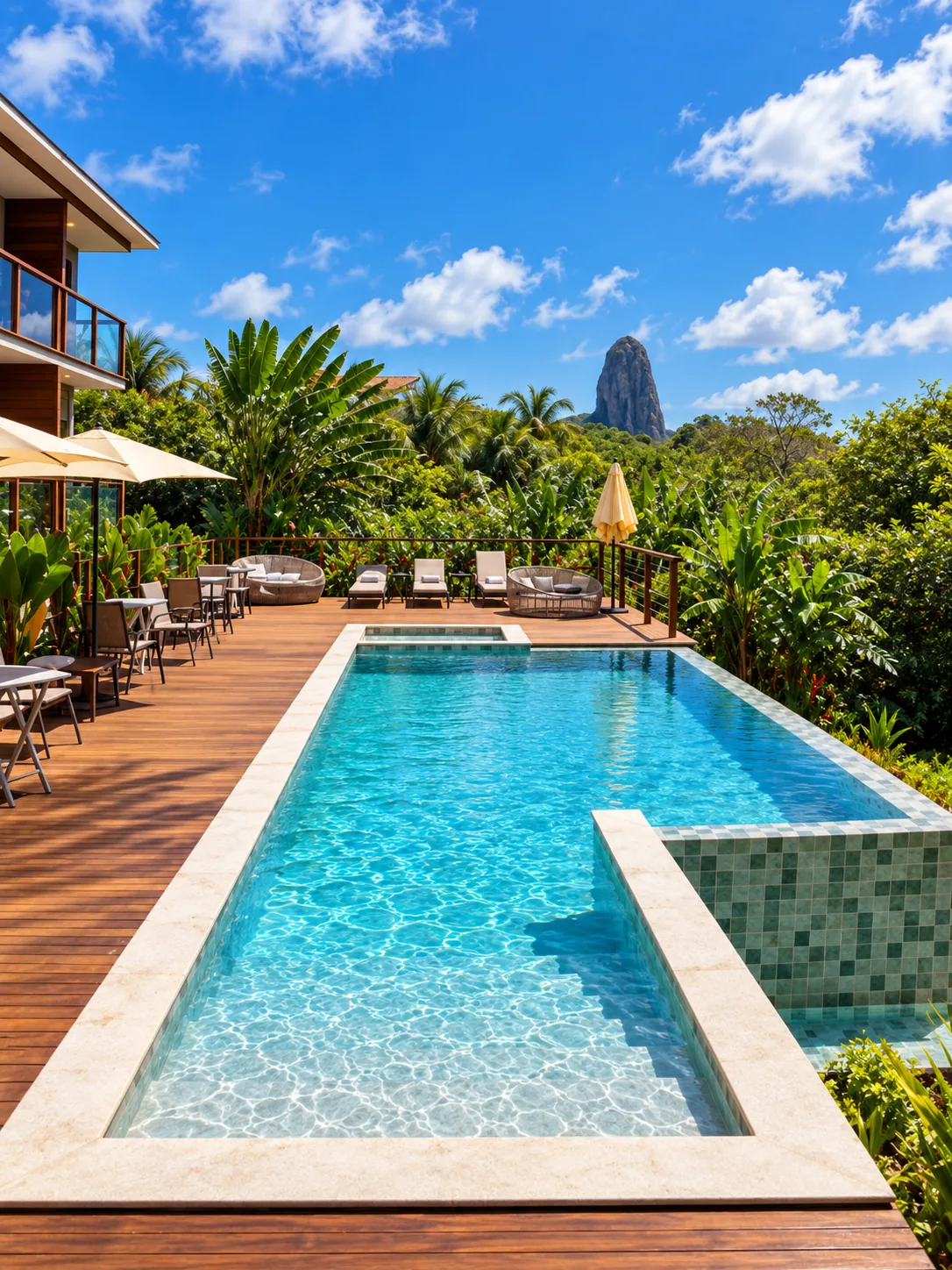 Piscina da Pousada Miragem com Morro do Pico ao fundo
