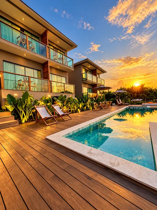 Piscina e deck em horário de pôr do sol