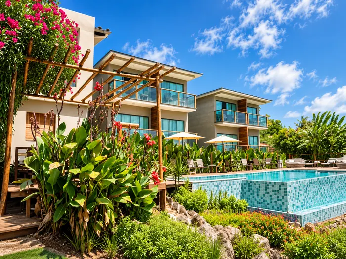 Fachada das suítes e piscina com deck de madeira